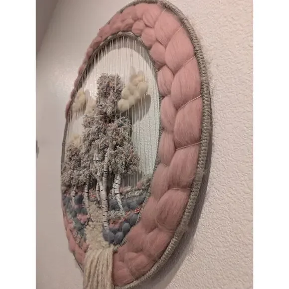 Round Hoop Tree Fiber Art Fiber Textile Macrame Hand Woven Yarn Pink Girls Room - Picture 4 of 4